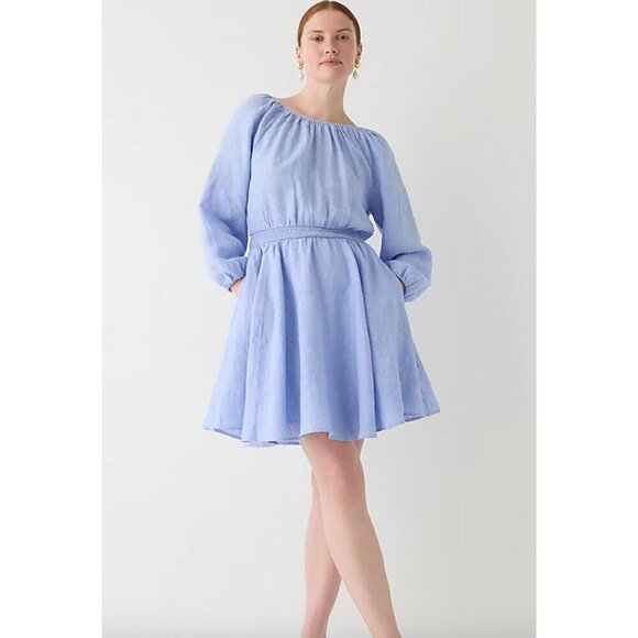 J.Crew $138 Palmero Smocked Waist Mini Dress Blue Linen Size S BP855 - Picture 2 of 9